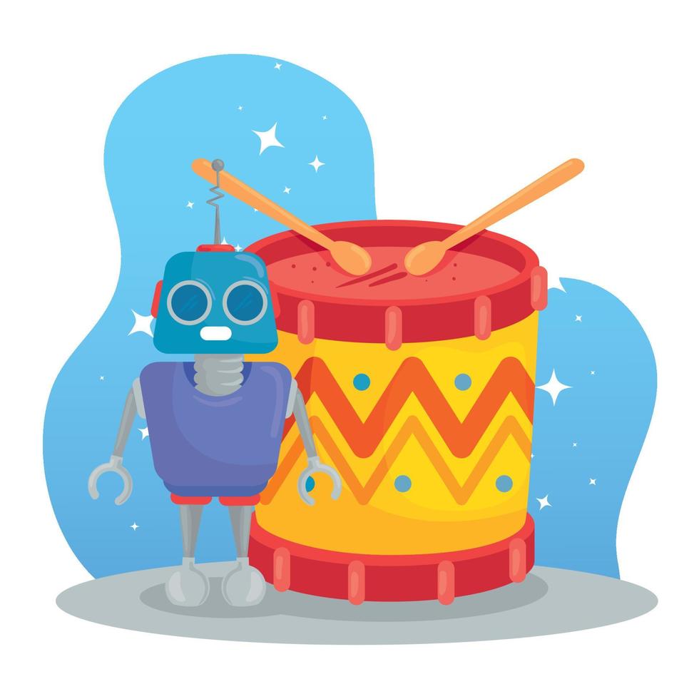 kids toys, robot and drum with sticks vector