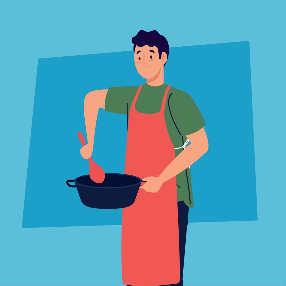 man cooking using apron, with pot and spoon vector