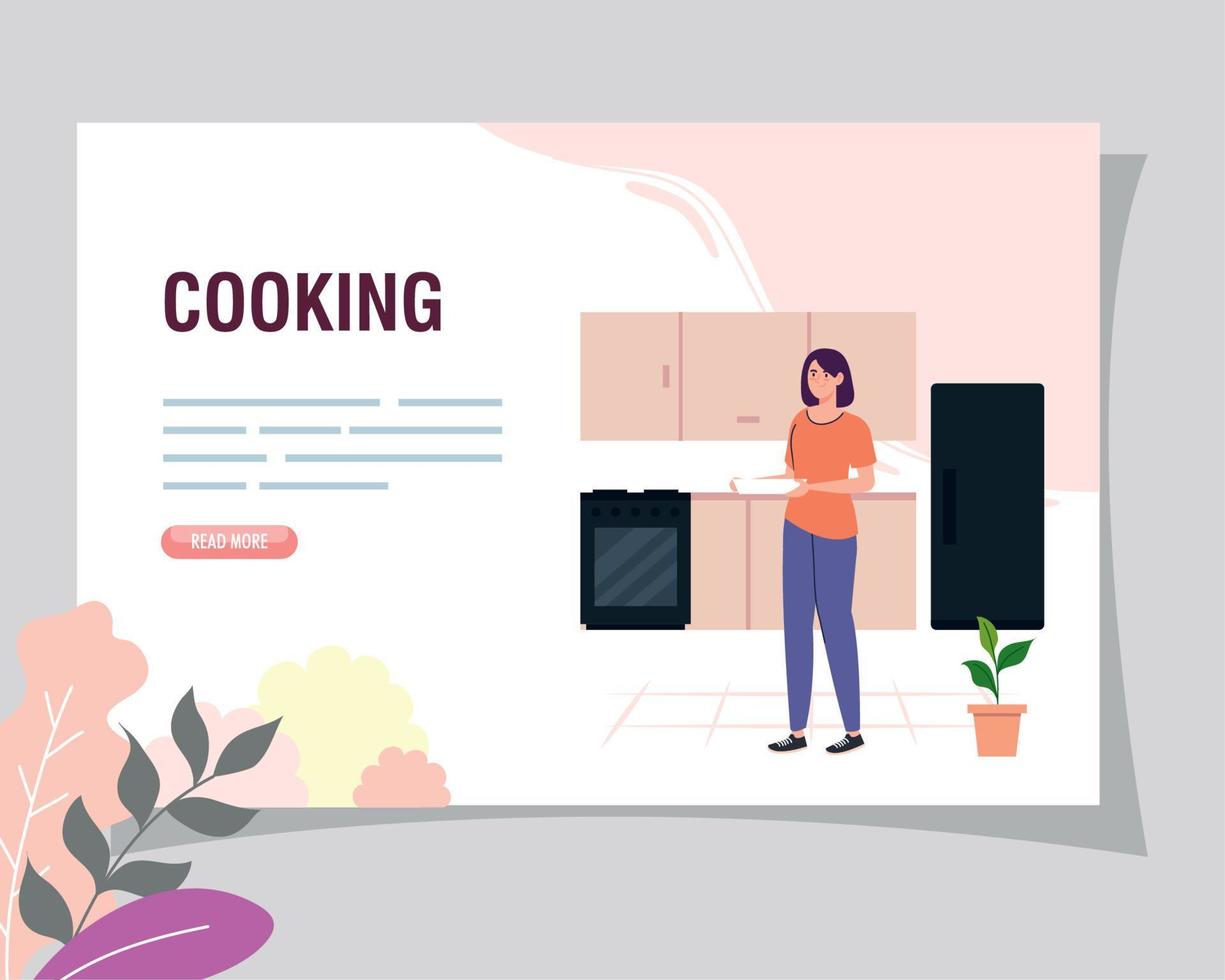 banner with woman cooking in the kitchen scene vector