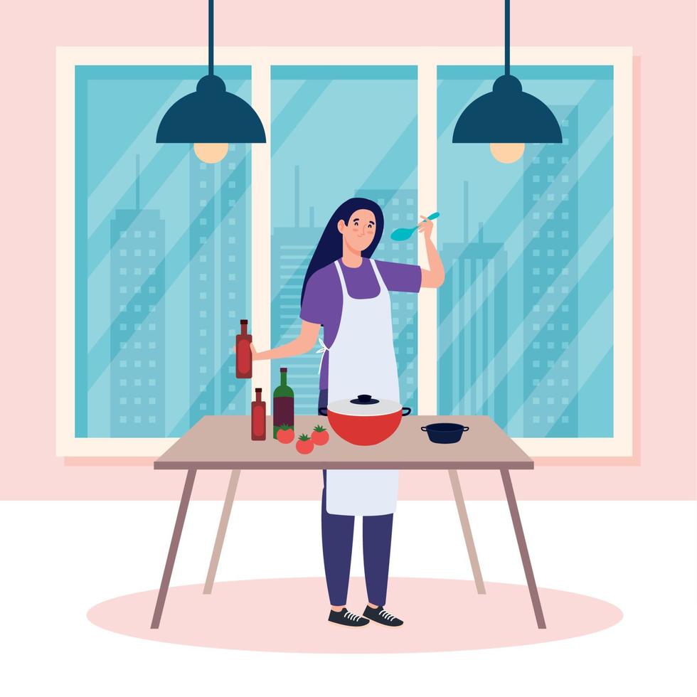 woman cooking using apron, on table in the house vector