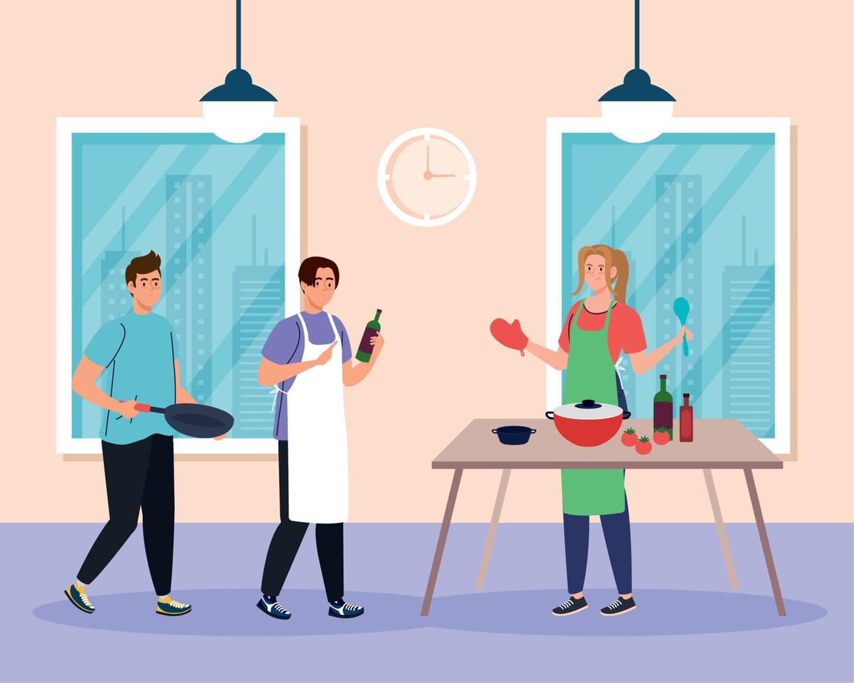 group young people cooking in the home vector