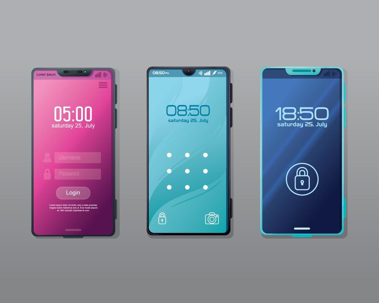 set of realistic smartphones mockup with safety app on the screen vector