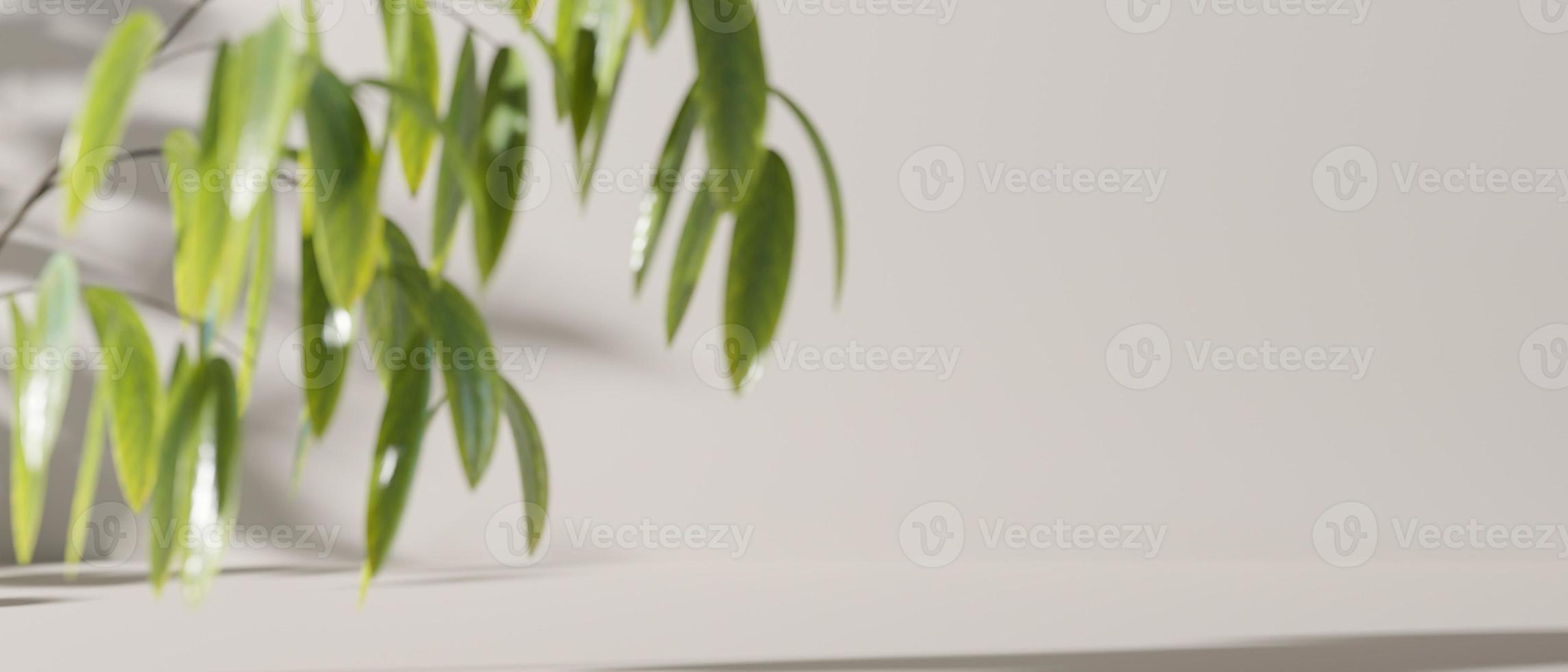 Empty scene with leaves on beige background. Template for product, cosmetic presentation. Natural mock up. Backdrop with empty, copy space. Display, showcase. 3D rendering. photo
