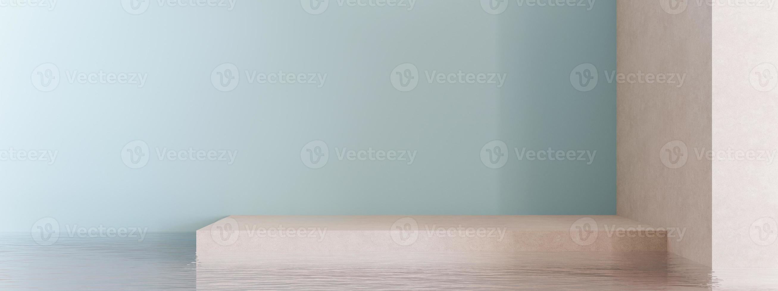 Empty scene with water. Blue background. Template for product, cosmetic presentation. Natural mock up. Backdrop with empty, copy space. Display, showcase. 3D rendering. photo