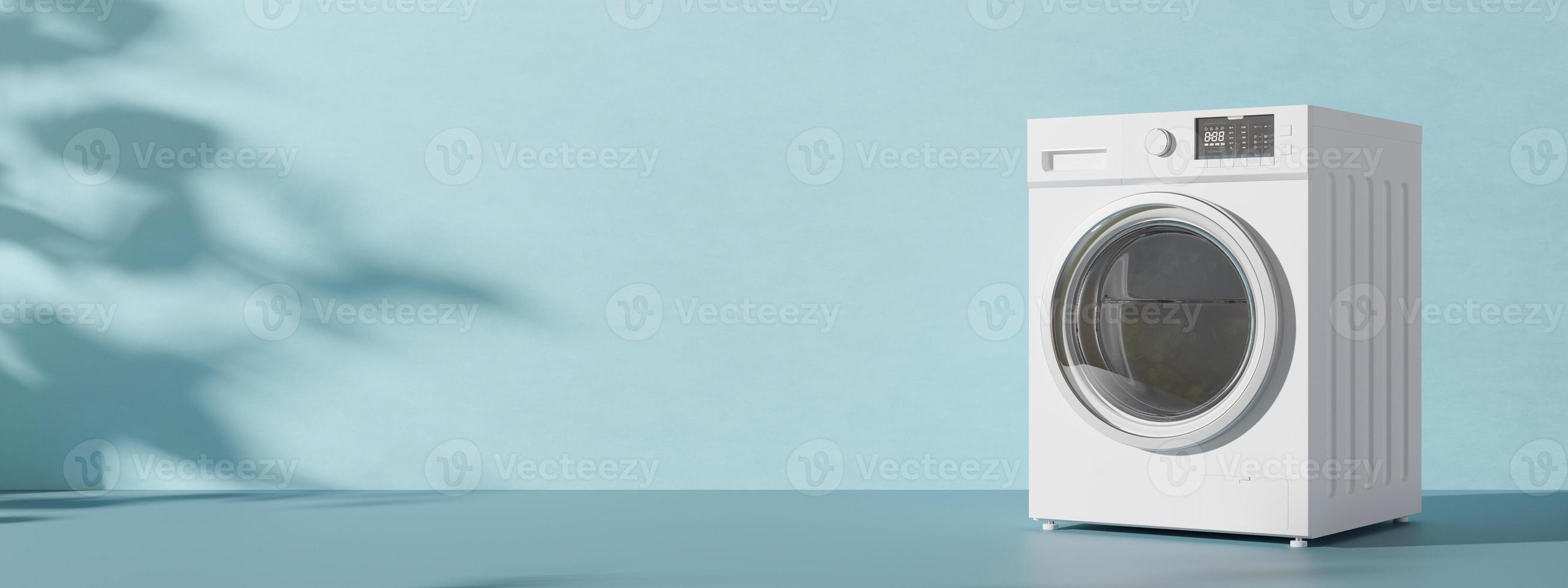 Blue banner with washing machine and copy space. Empty space for text, advertising. Household electrical equipment. Modern home appliance used to wash laundry. Front-loader clothes washer. 3d render. photo