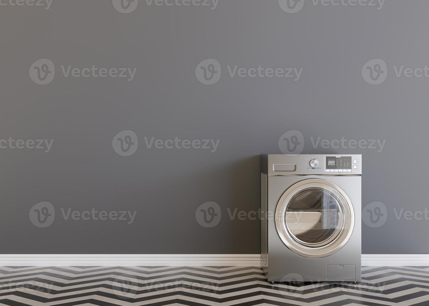 Washing machine standing in empty room. Copy space for text or other objects. Household electrical equipment. Modern home appliance used to wash laundry. Front-loader clothes washer. 3d rendering. photo