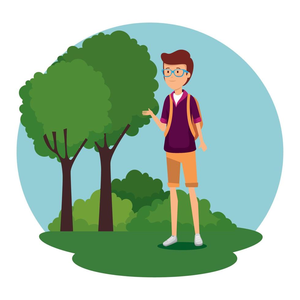 man wearing glasses with backapck and trees with bushes vector