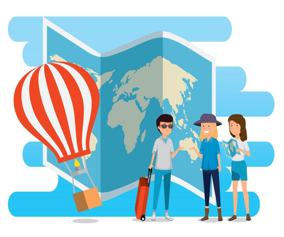 man and women tourist with global map and air balloon vector
