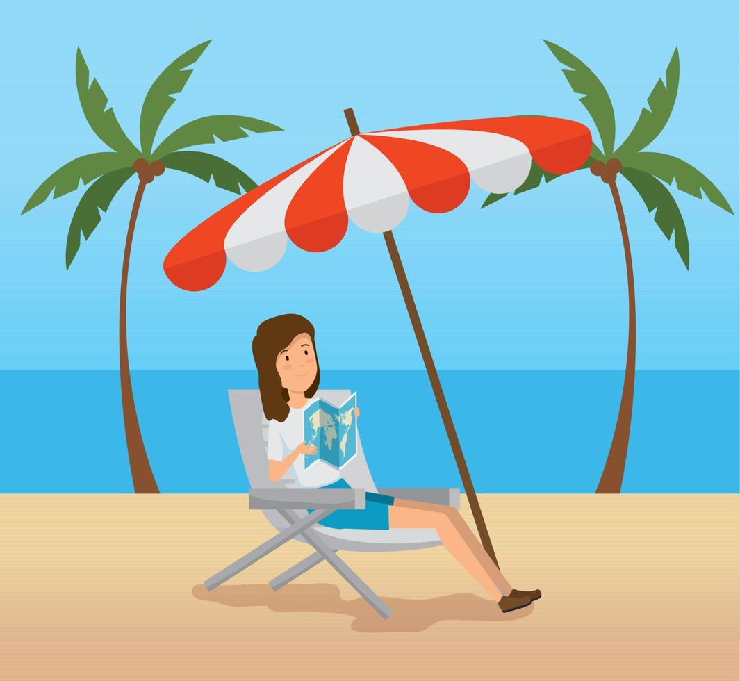 mujer sentada silla con sombrilla en la playa vector