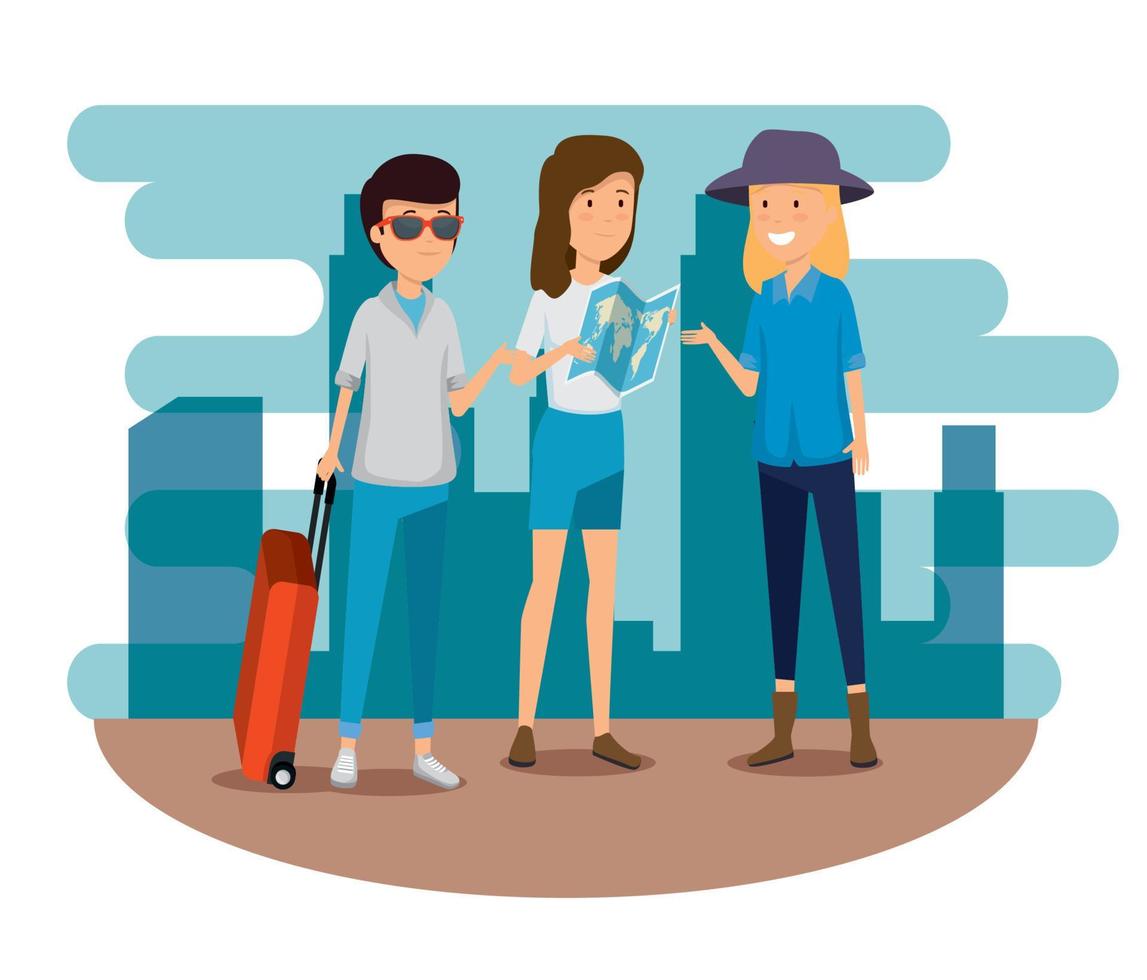 women and man with suitcase and global map vector