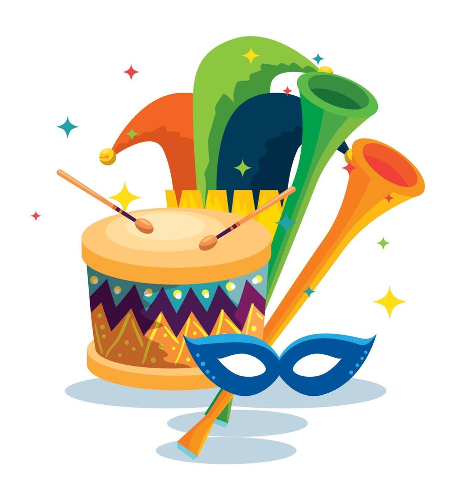 traditional drum with mask decoration and joker hat vector