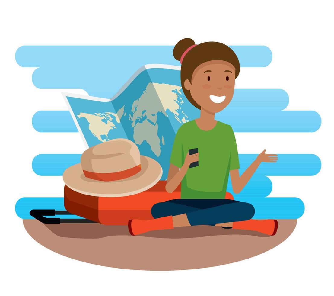 woman tourist with global map and suitcase vector