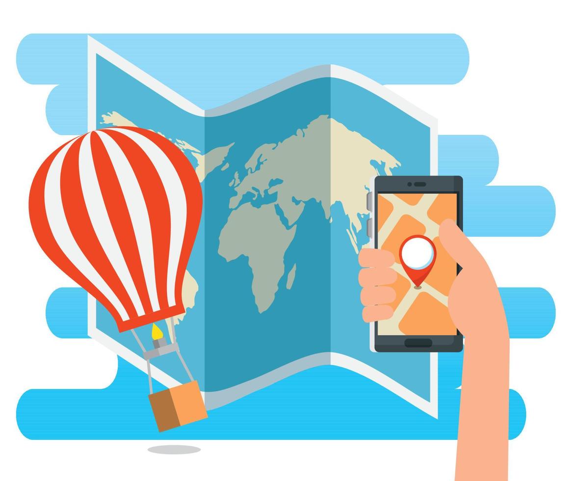 hand with smartphone address location and airballoon vector