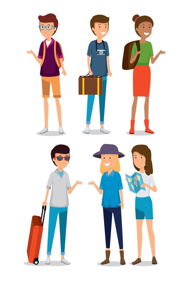 set women and men tourist with baggage travel vector