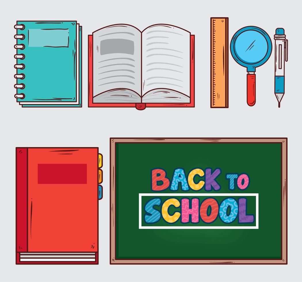 back to school banner with chalkboard and set of education supplies vector