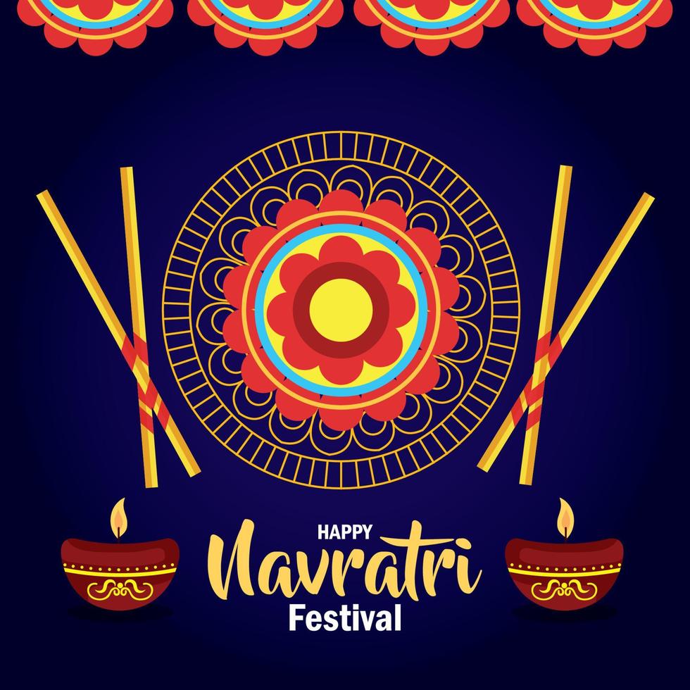 happy navratri celebration poster with mandala and decoration vector