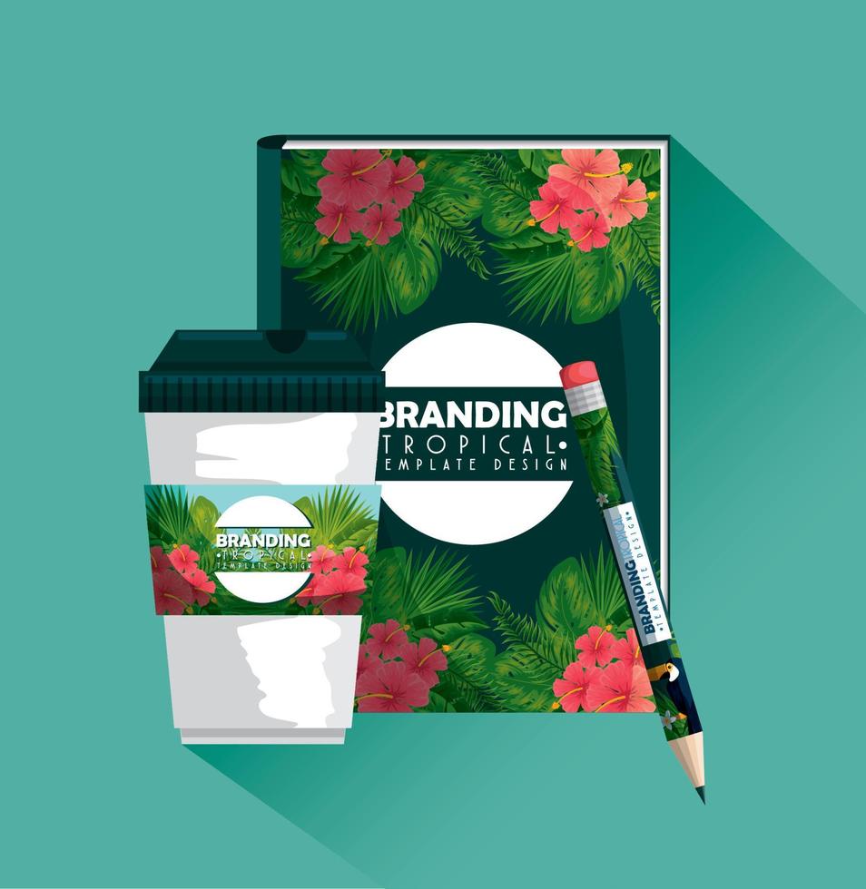 tropical design of pencil and notebook with plastic coffee cup vector