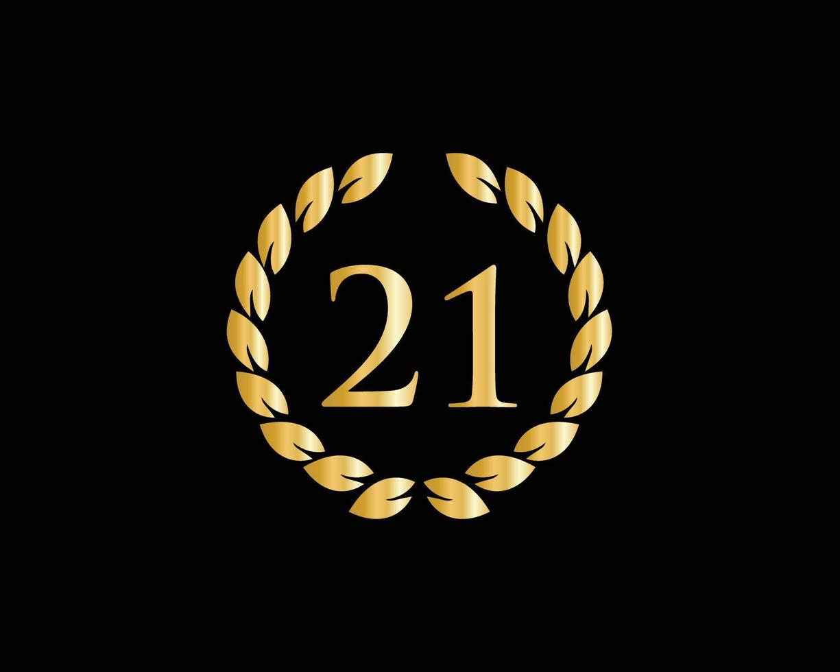 21th Years Anniversary Logo With Golden Ring Isolated On Black Background, For Birthday, Anniversary And Company Celebration vector