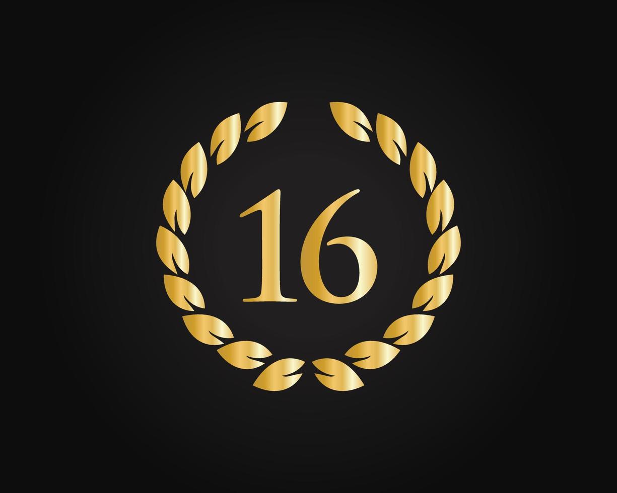 16th Years Anniversary Logo With Golden Ring Isolated On Black Background, For Birthday, Anniversary And Company Celebration vector