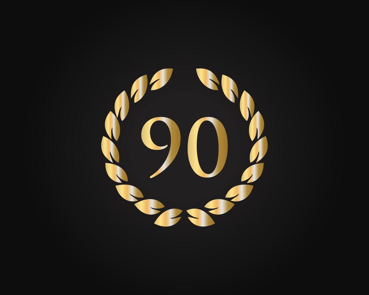 Logotipo del aniversario de 90 años con anillo dorado aislado en fondo negro, para cumpleaños, aniversario y celebración de la empresa vector