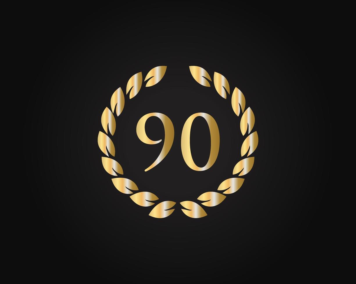 90th Years Anniversary Logo With Golden Ring Isolated On Black Background, For Birthday, Anniversary And Company Celebration vector