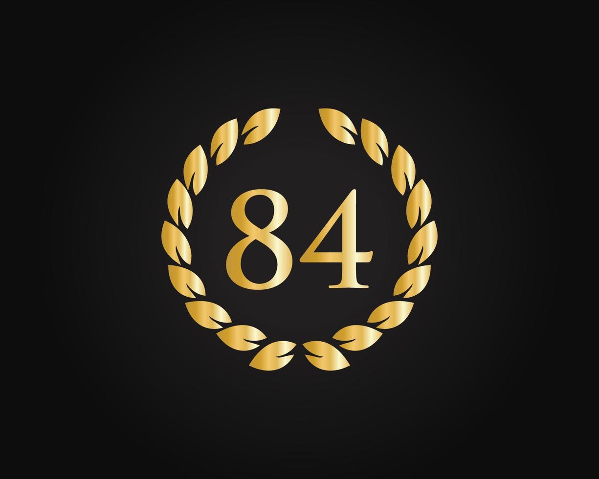 Logotipo de aniversario de 84 años con anillo dorado aislado en fondo negro, para cumpleaños, aniversario y celebración de la empresa vector