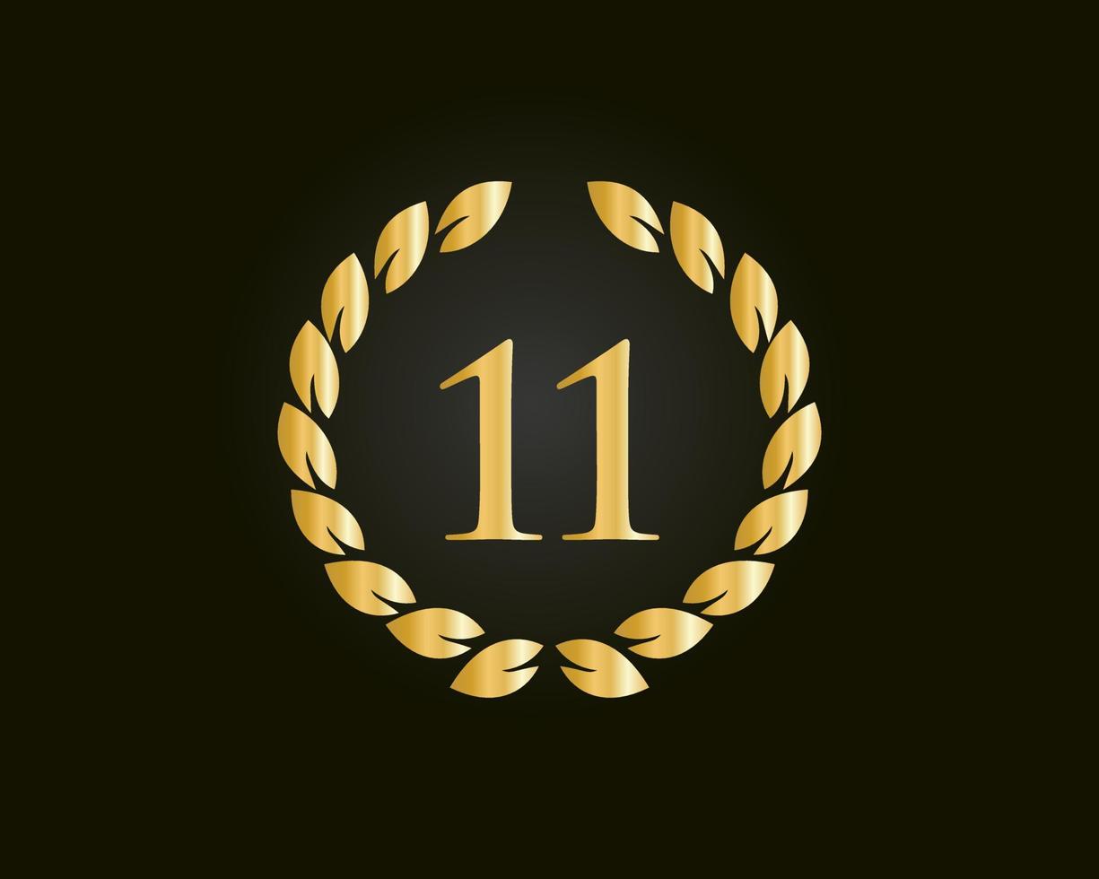 11th Years Anniversary Logo With Golden Ring Isolated On Black Background, For Birthday, Anniversary And Company Celebration vector