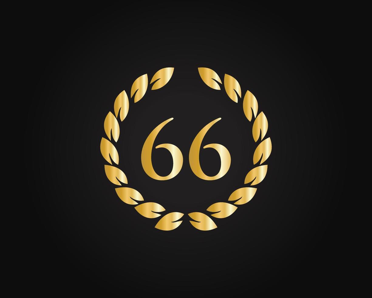 Logotipo de aniversario de 66 años con anillo dorado aislado en fondo negro, para cumpleaños, aniversario y celebración de la empresa vector