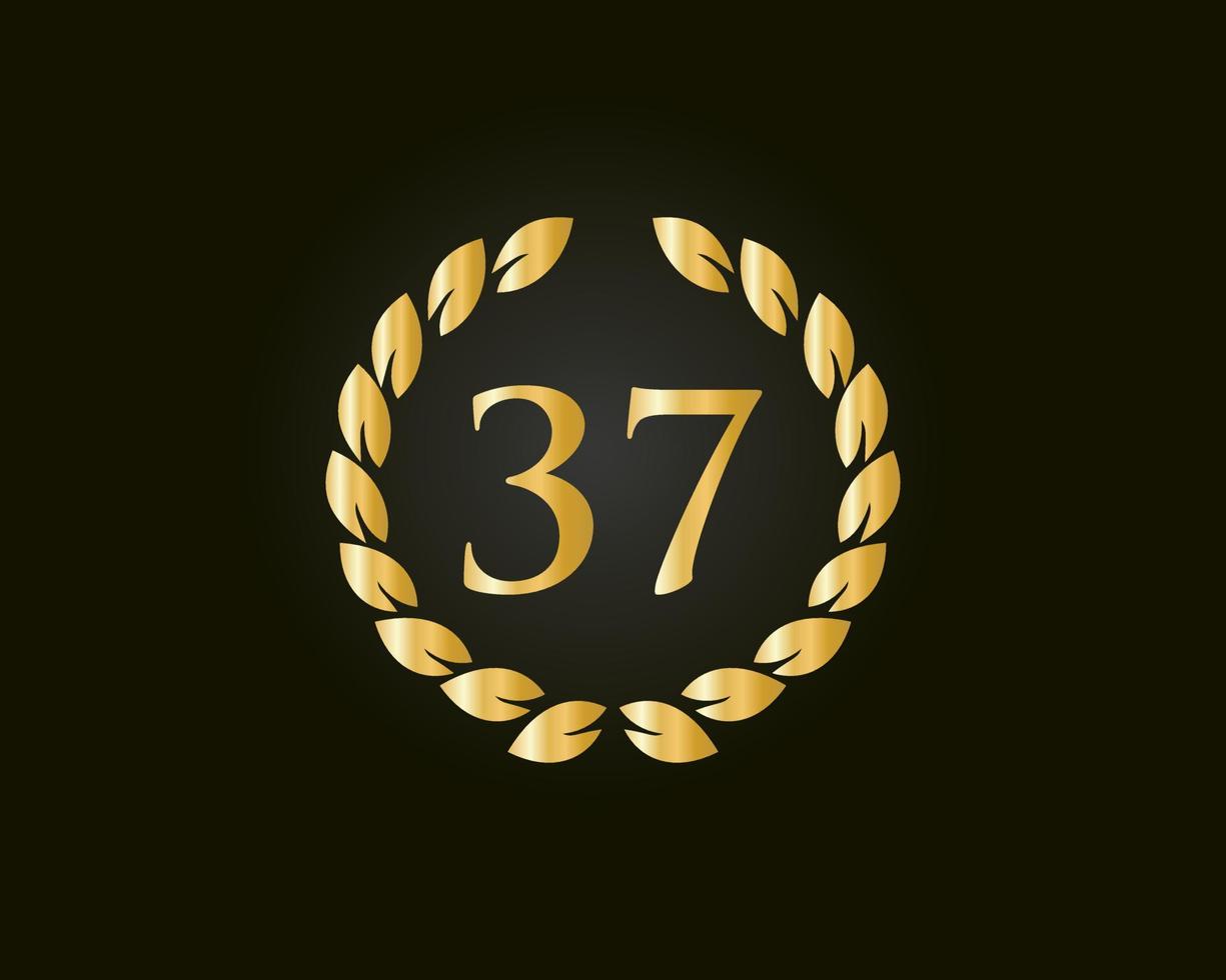 37th Years Anniversary Logo With Golden Ring Isolated On Black Background, For Birthday, Anniversary And Company Celebration vector