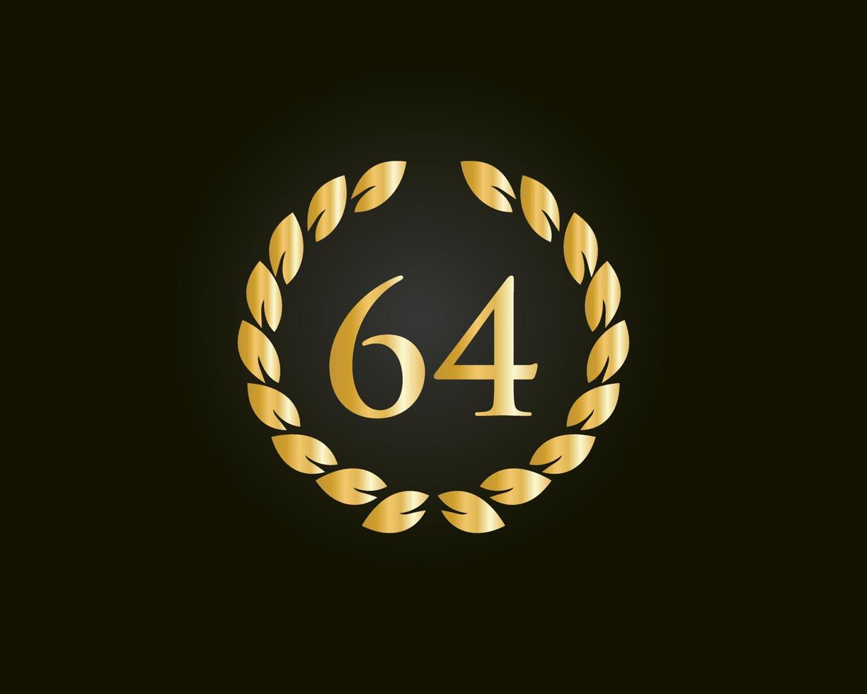 Logotipo de aniversario de 64 años con anillo dorado aislado en fondo negro, para cumpleaños, aniversario y celebración de la empresa vector