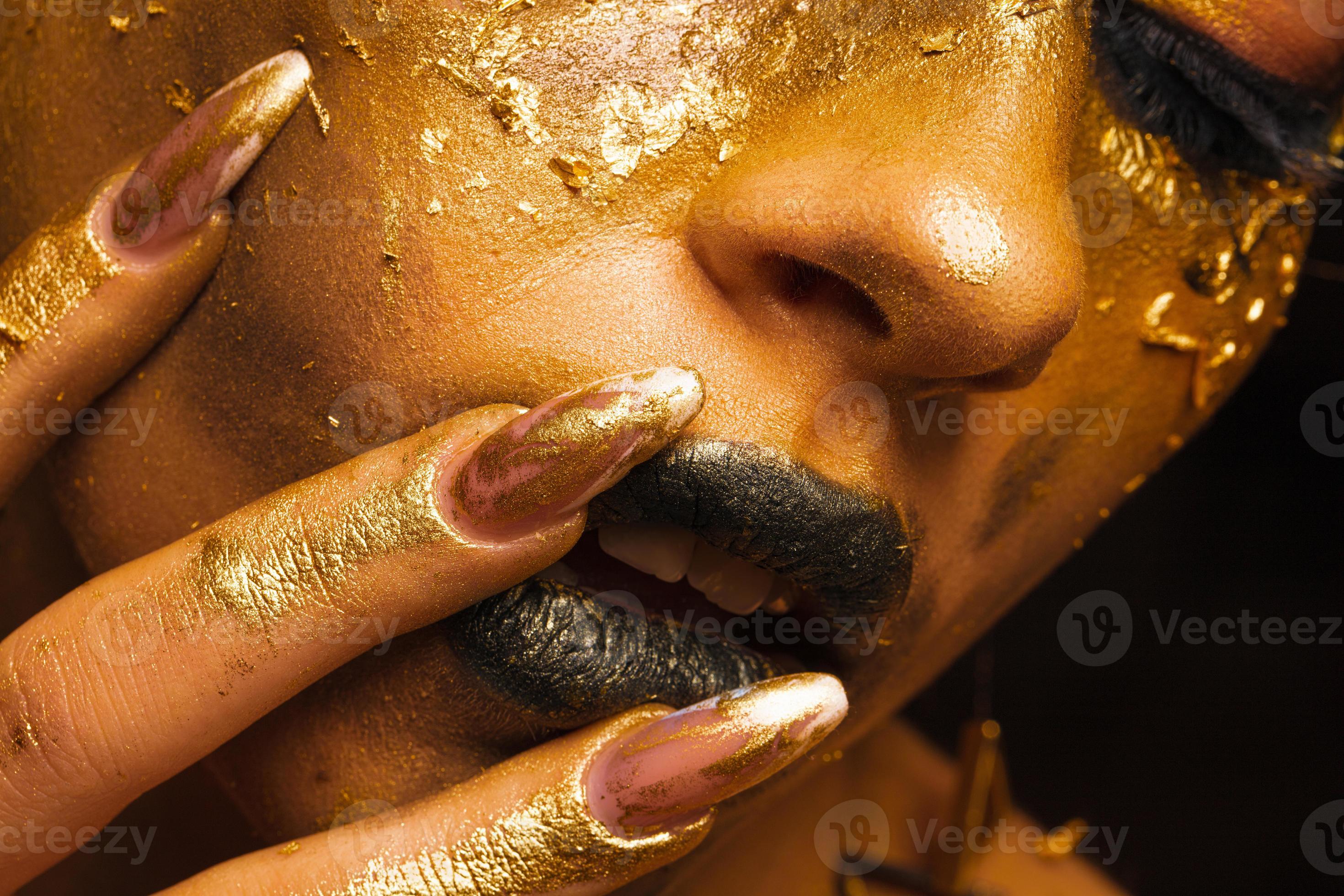 Cosmetics Portrait Black Woman Gold Makeup Brown Background