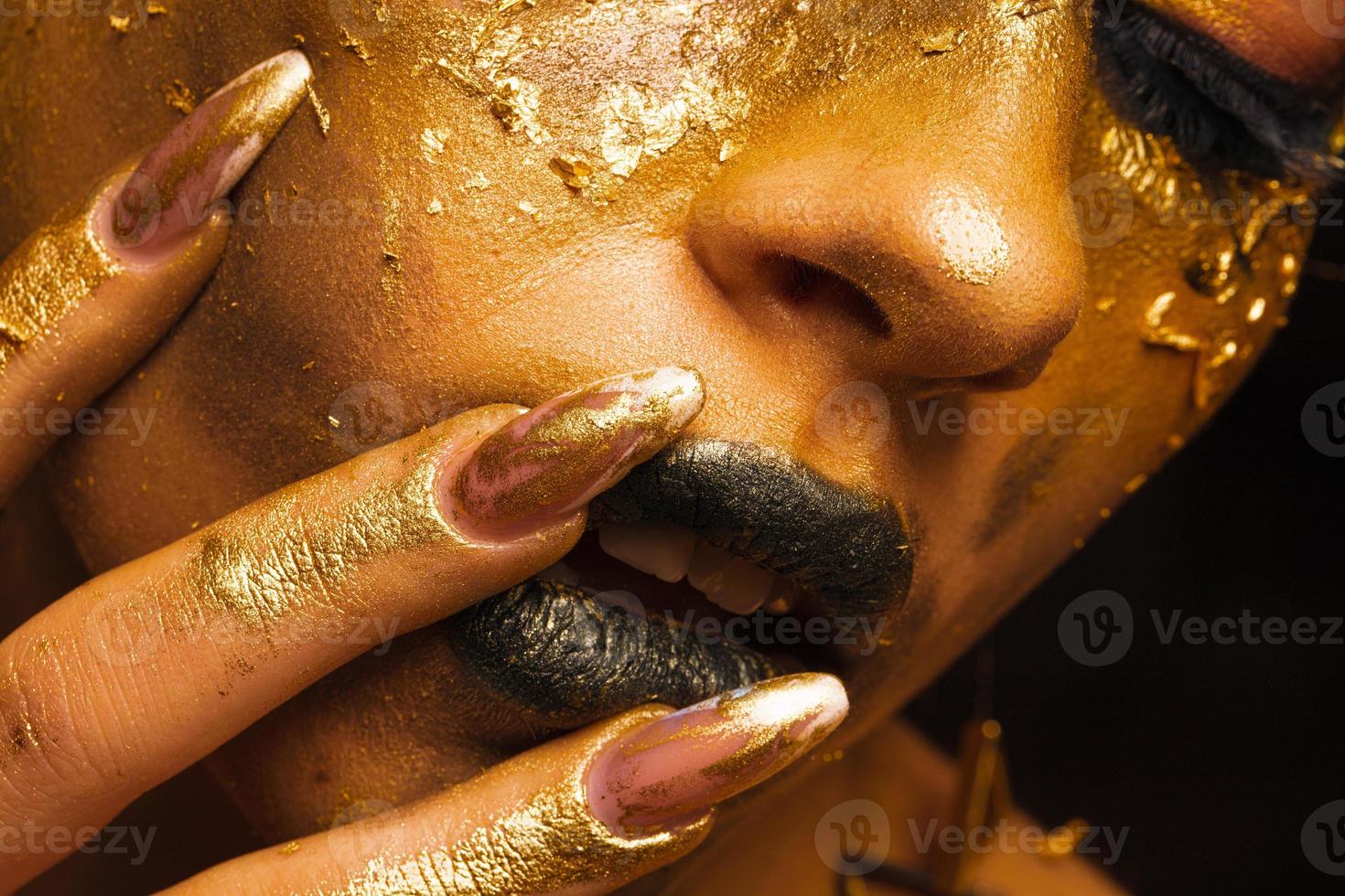 Art, beauty and black woman with gold makeup on brown background