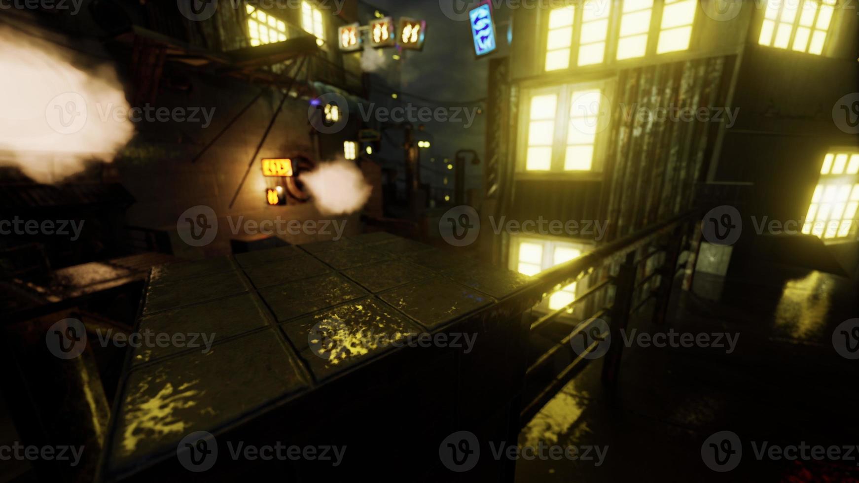 Foggy industrial urban street city night scenery photo