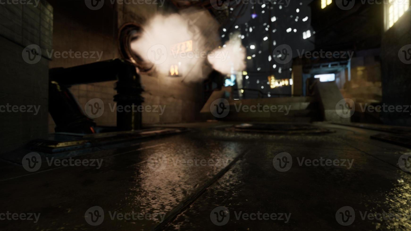 Foggy industrial urban street city night scenery photo