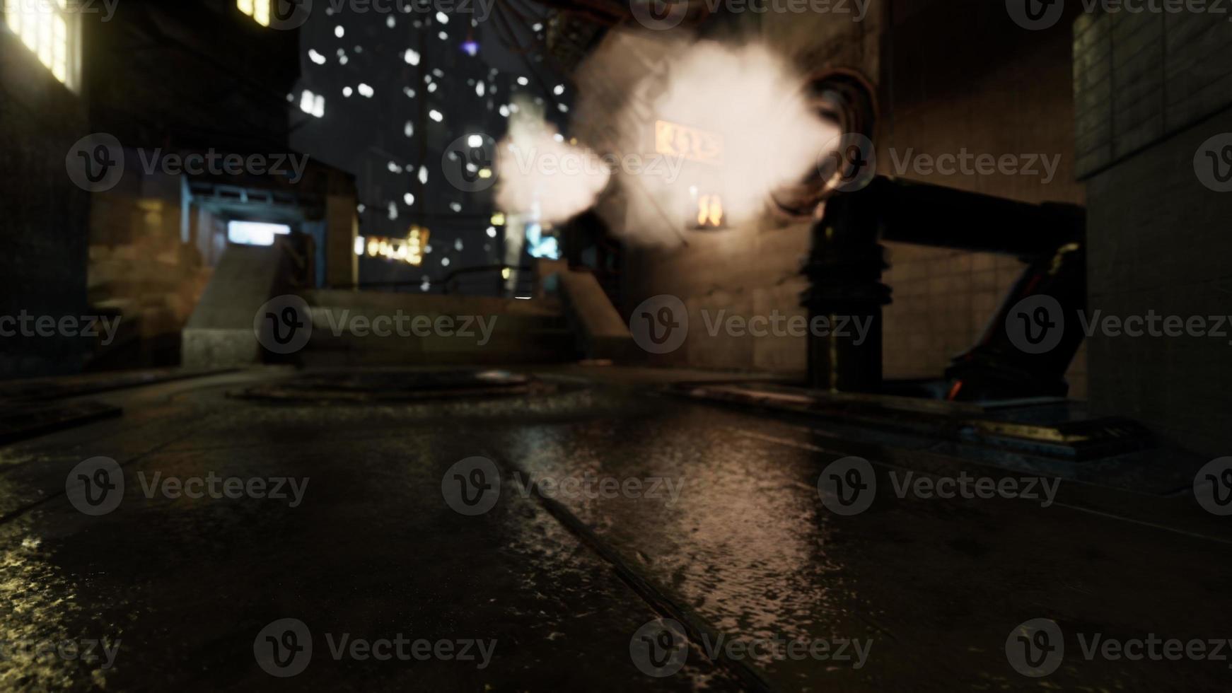 Foggy industrial urban street city night scenery photo