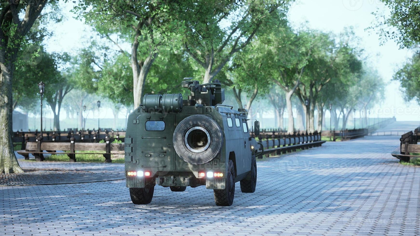 armored military car in big city photo