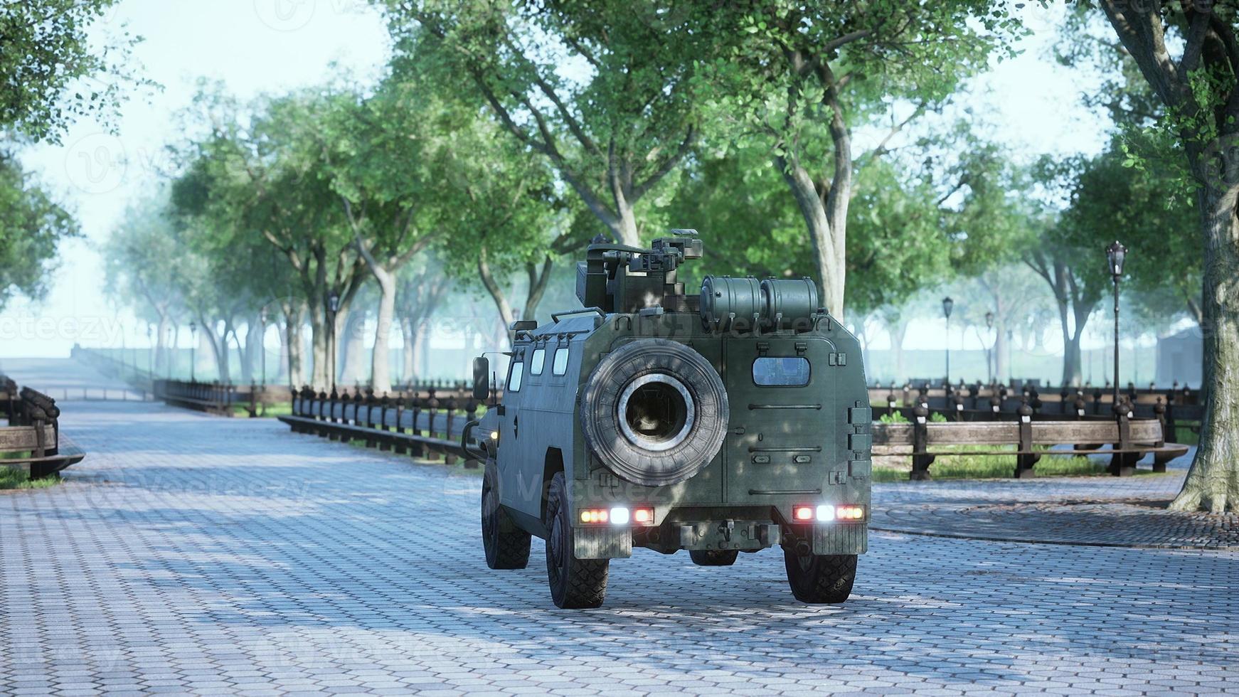 armored military car in big city photo