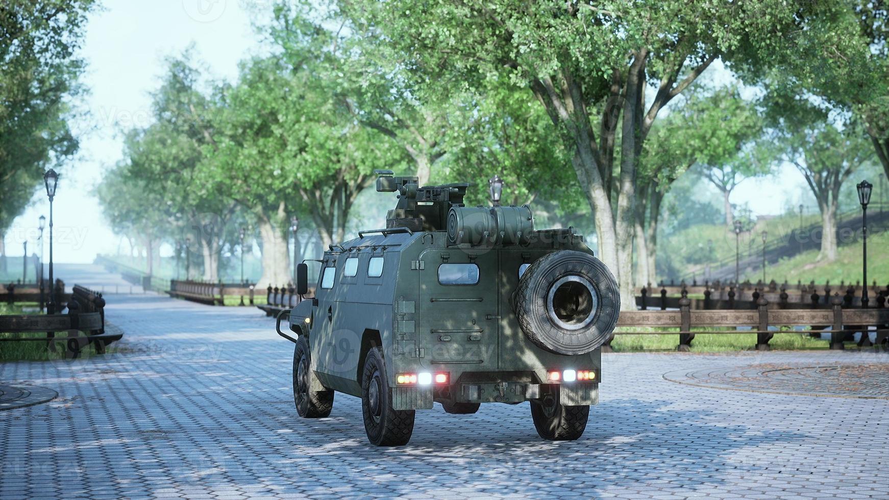 armored military car in big city photo