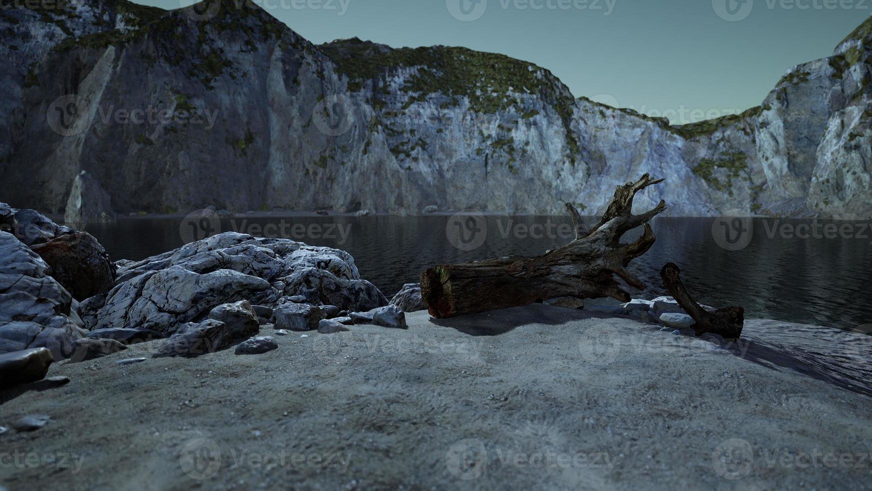 Black sand beach hidden between blurred volcanic rocks photo