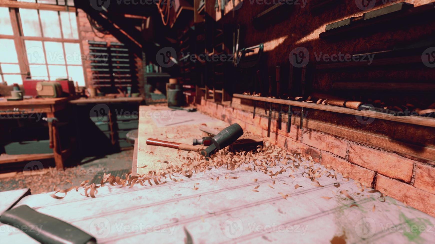 The working desk in wood workshop photo