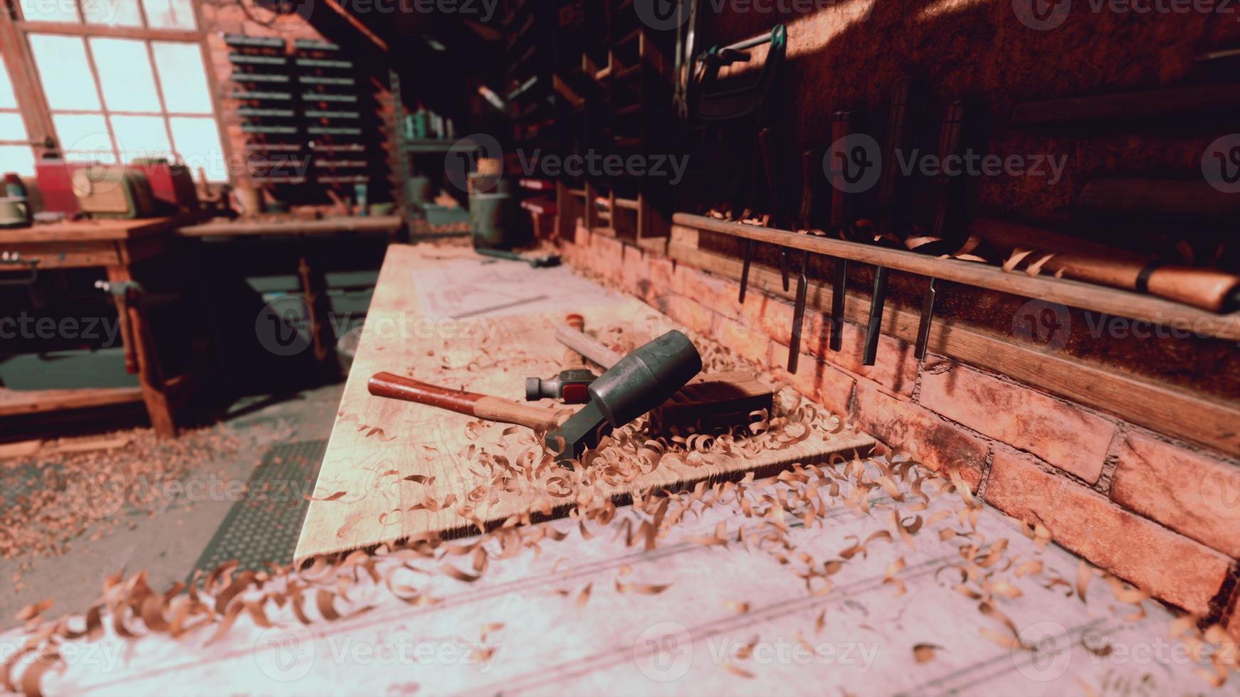 Vintage stylized old carpenter workshop interior photo