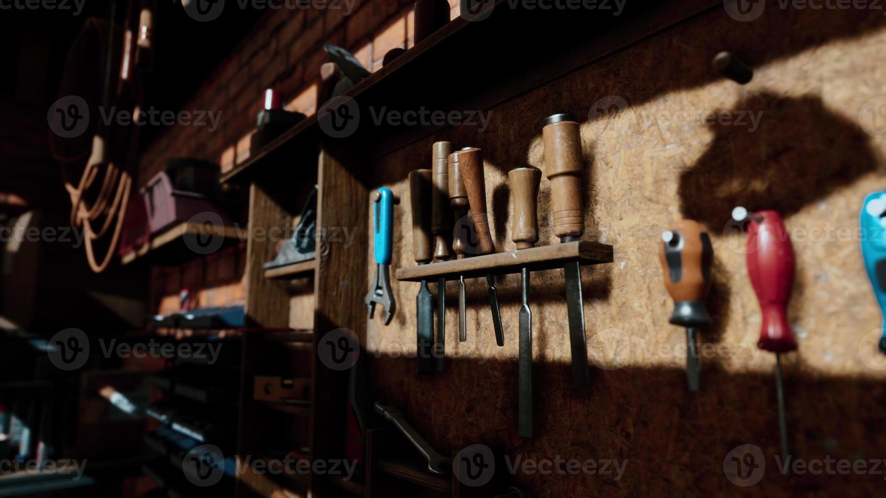 Vintage stylized old carpenter workshop interior photo