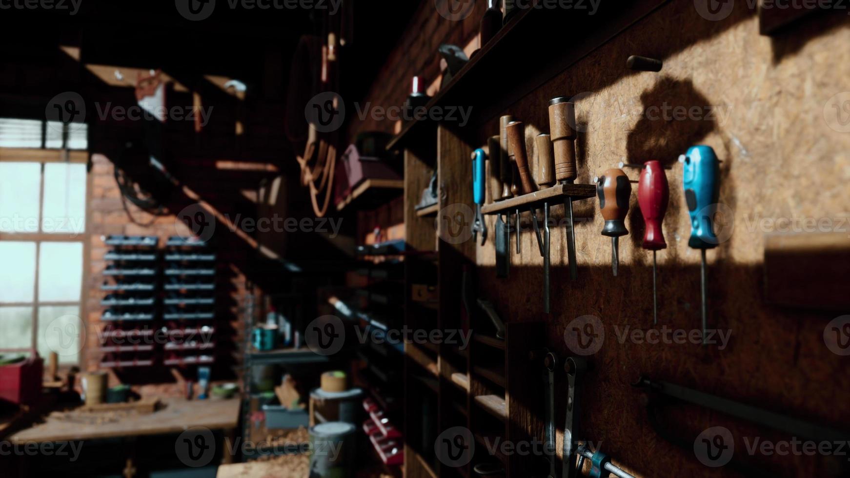 The working desk in wood workshop photo