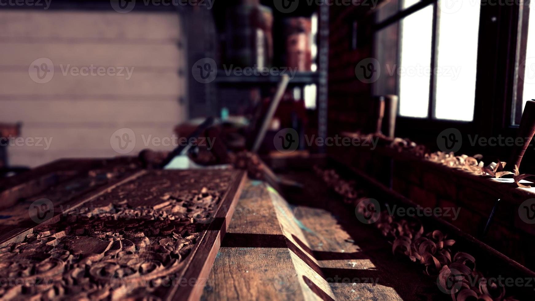 Vintage stylized old carpenter workshop interior photo