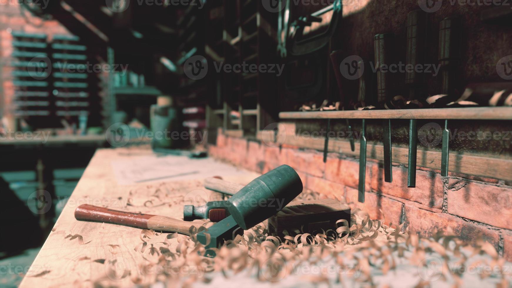 Vintage stylized old carpenter workshop interior photo