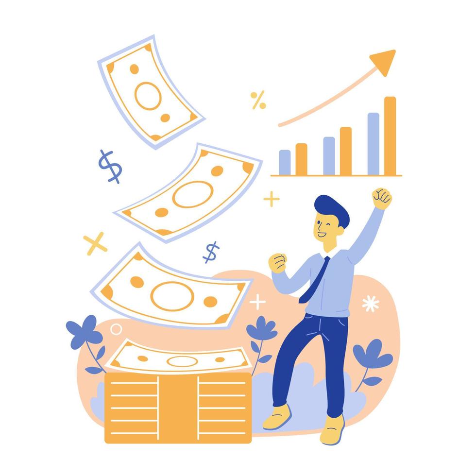 Happy business man with money and stock market graphic vector illustration