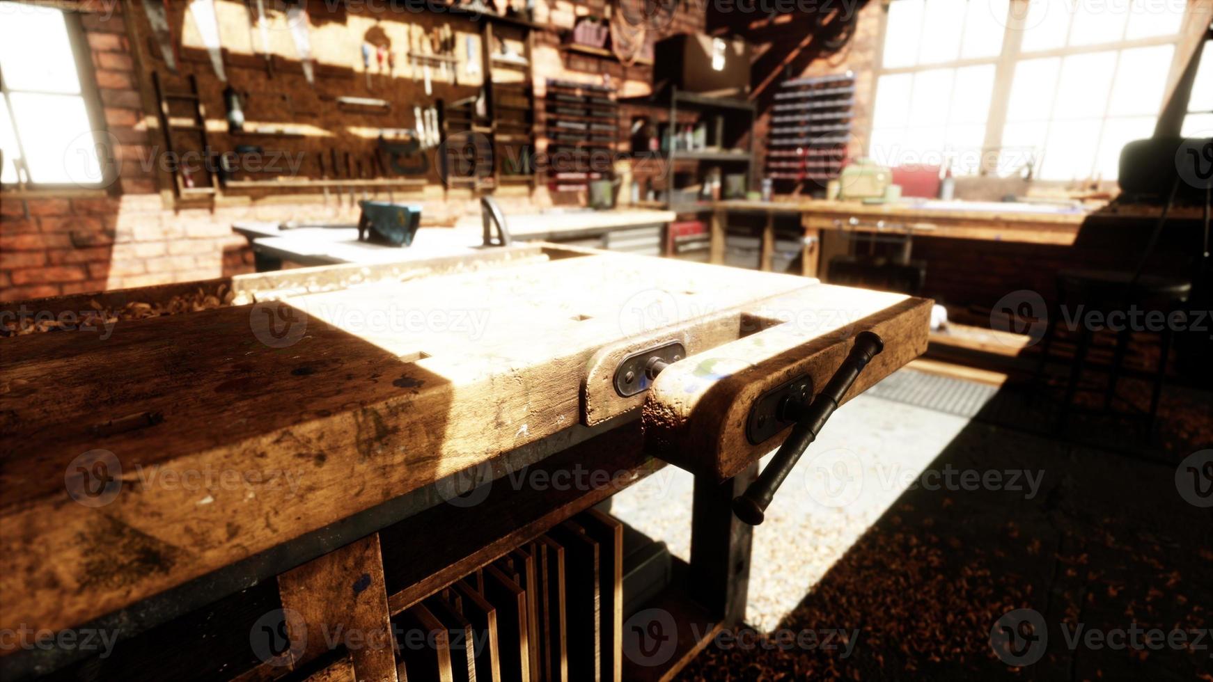 Vintage wild west carpenter shop interior with antique tools photo