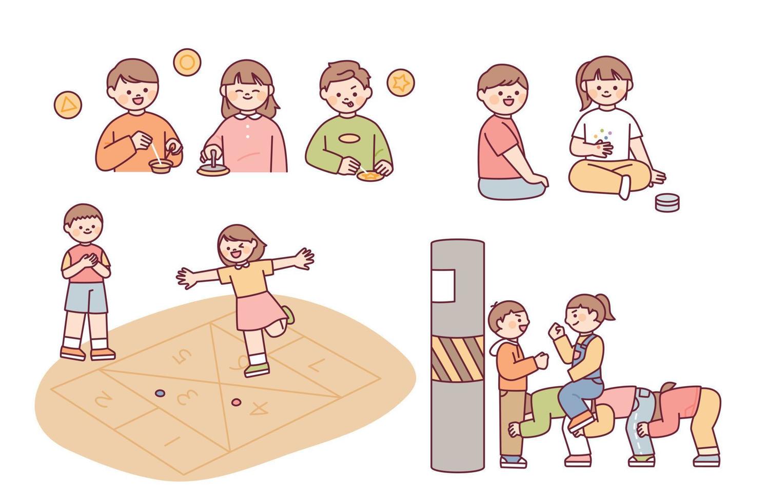 Korean chidhood game. Dalgona, Hopscotch, Five Stone Game, Piling Game. vector