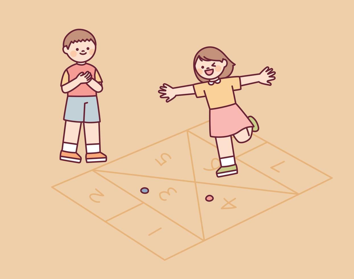 Korean chidhood game. Children are playing a game of hopscotch. vector
