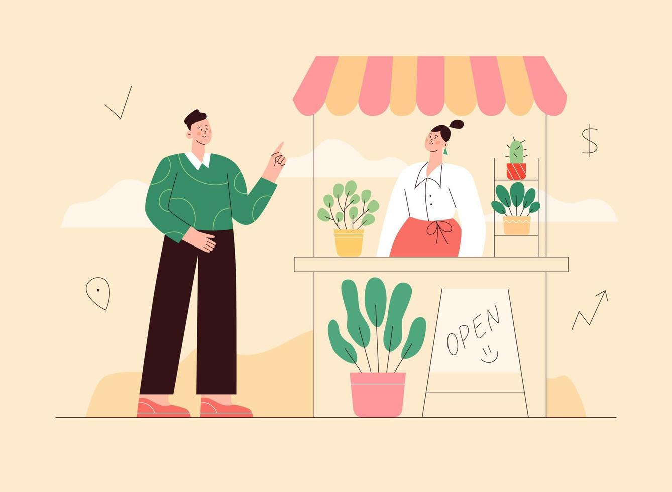 Outdoor market stalls, summer trade tents with seller. Local business shop. Customer buying something in outdoor kiosk. Flat vector illustration.